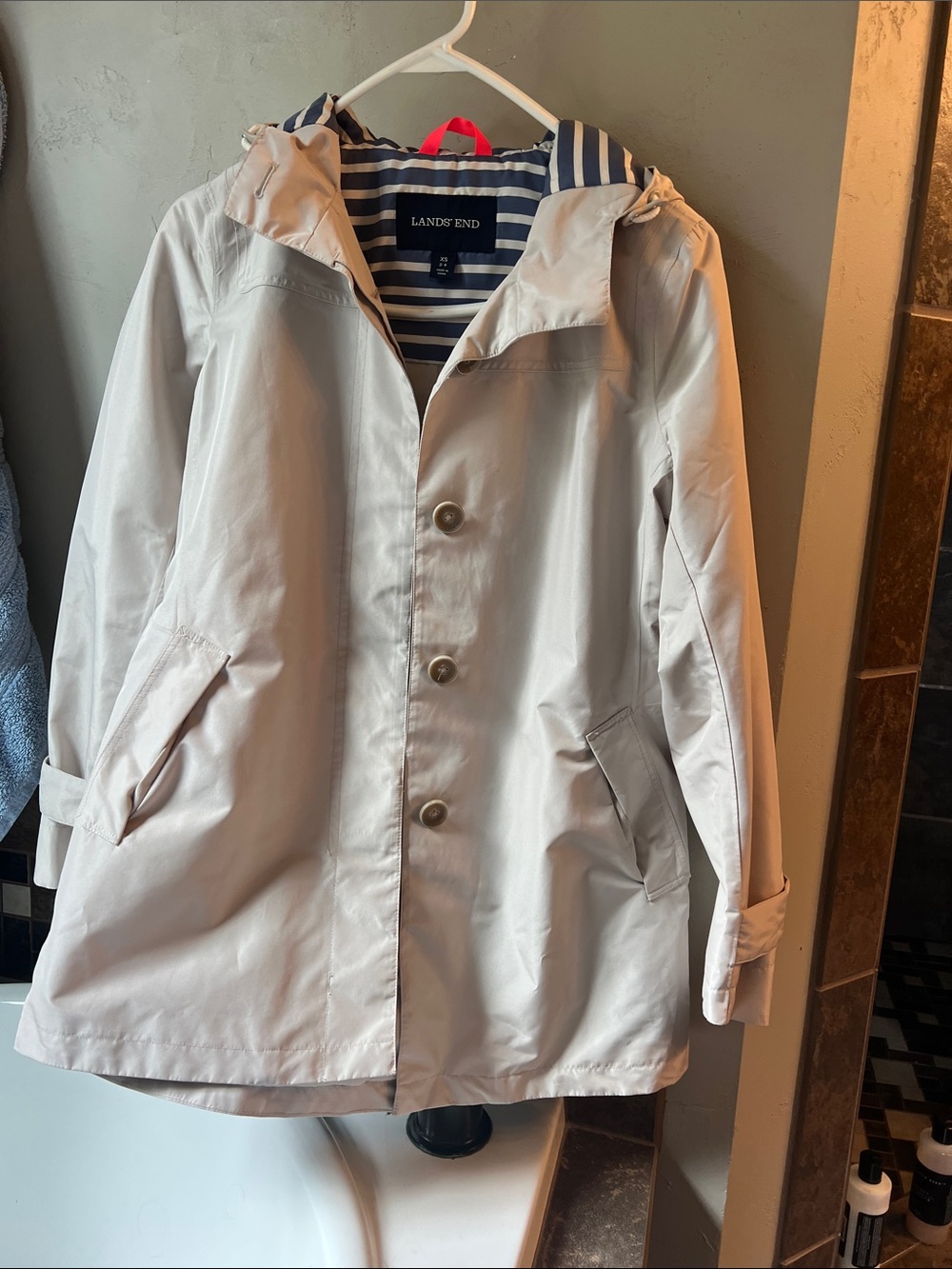 Lands' End Women's cream colored Hooded Trench with Striped Lining